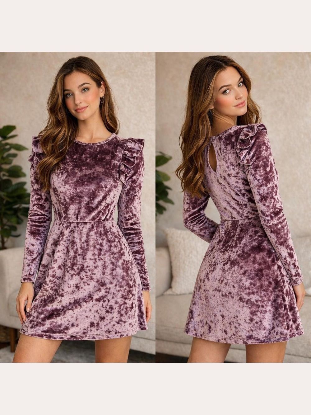 MOSSIMO XL Pink Crushed Velvet Long Sleeve Ruffle Shoulder A Line Dress